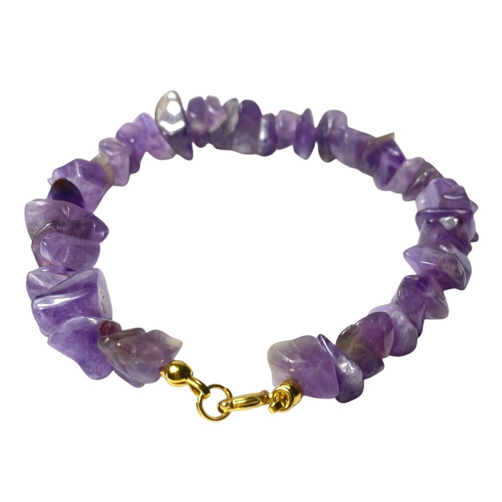 Vintage Amethyst Purple Nugget Chip Bracelet Healing Stone Gold Tone Boho Quartz